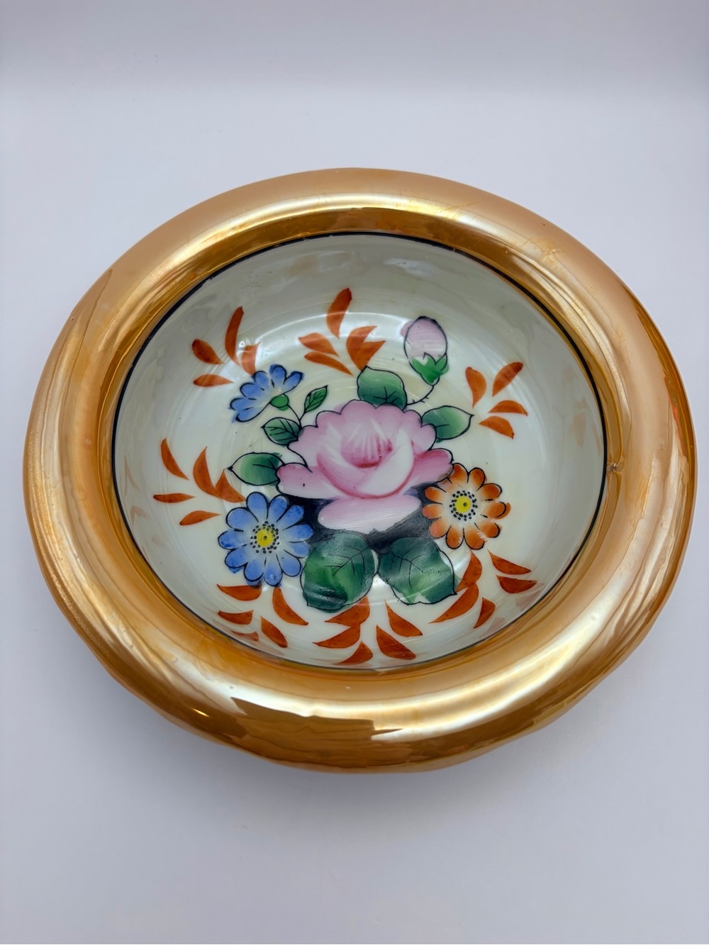 Vintage Ceramic Bowl Metallic Luster Rim, Warm Coppery-Gold Tone, Florals, Japan
